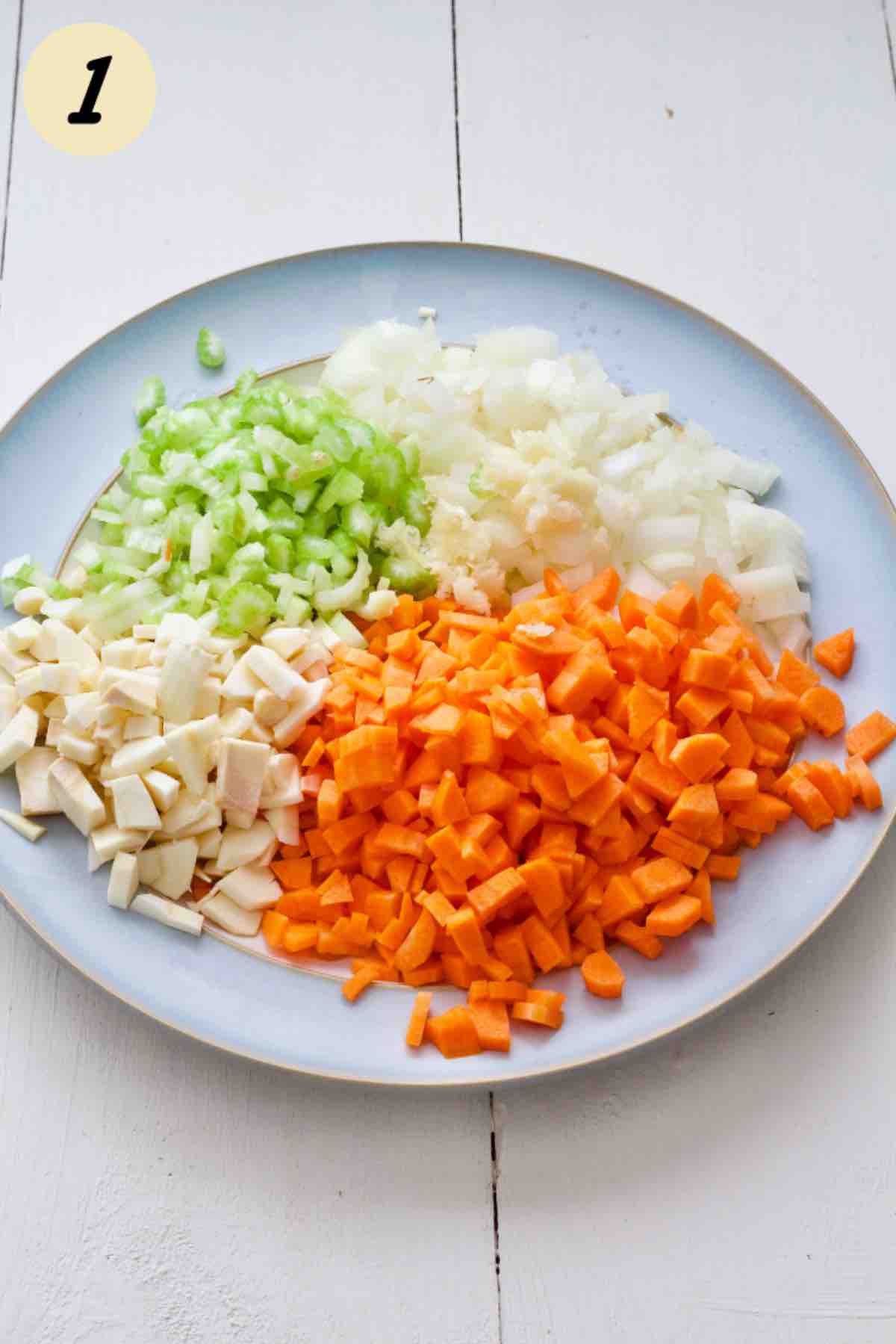Plate with chopped onions, carrots, celery and parsnip.