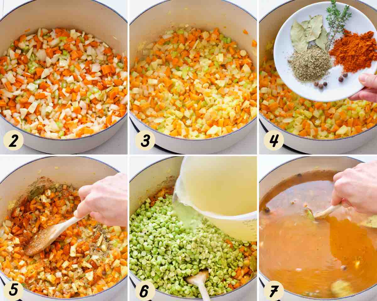 Process of making vegan split pea soup.