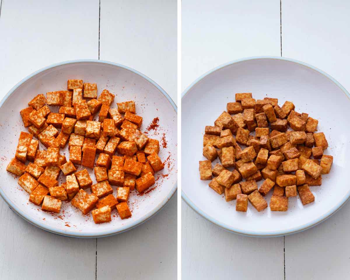 Tempeh cubes in smoked paprika before and after cooking.