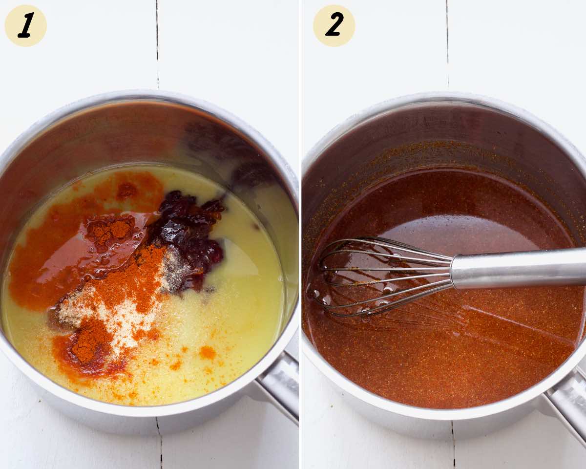 Mixing orange marinade ingredients in a pan.