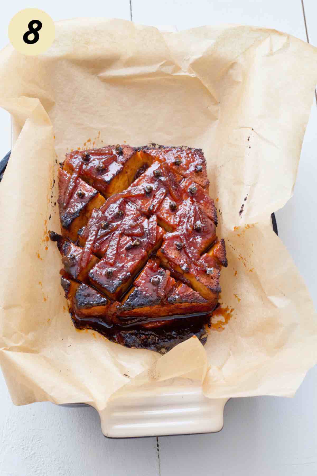 Baked tofu roast in a dish.