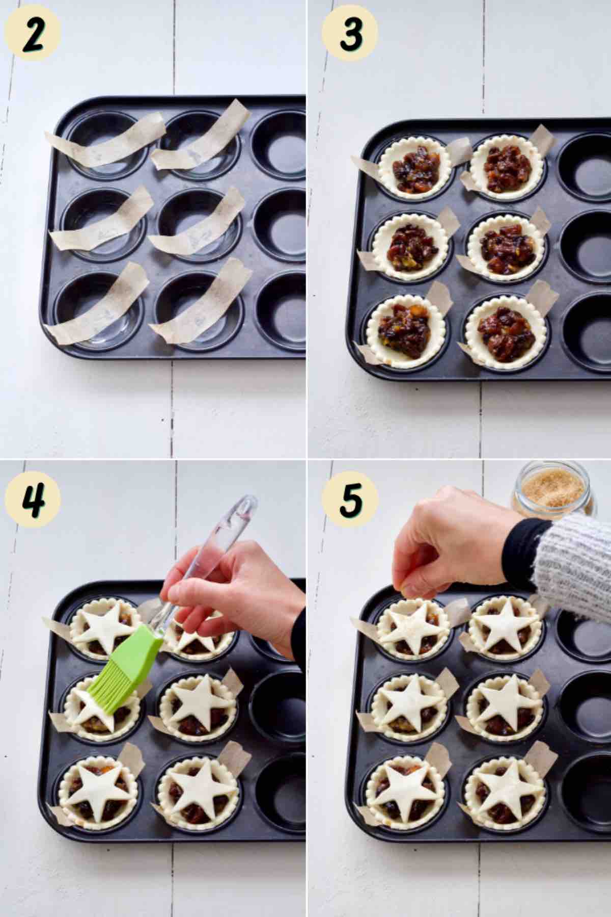 Process of making puff pastry mince pies in the oven.