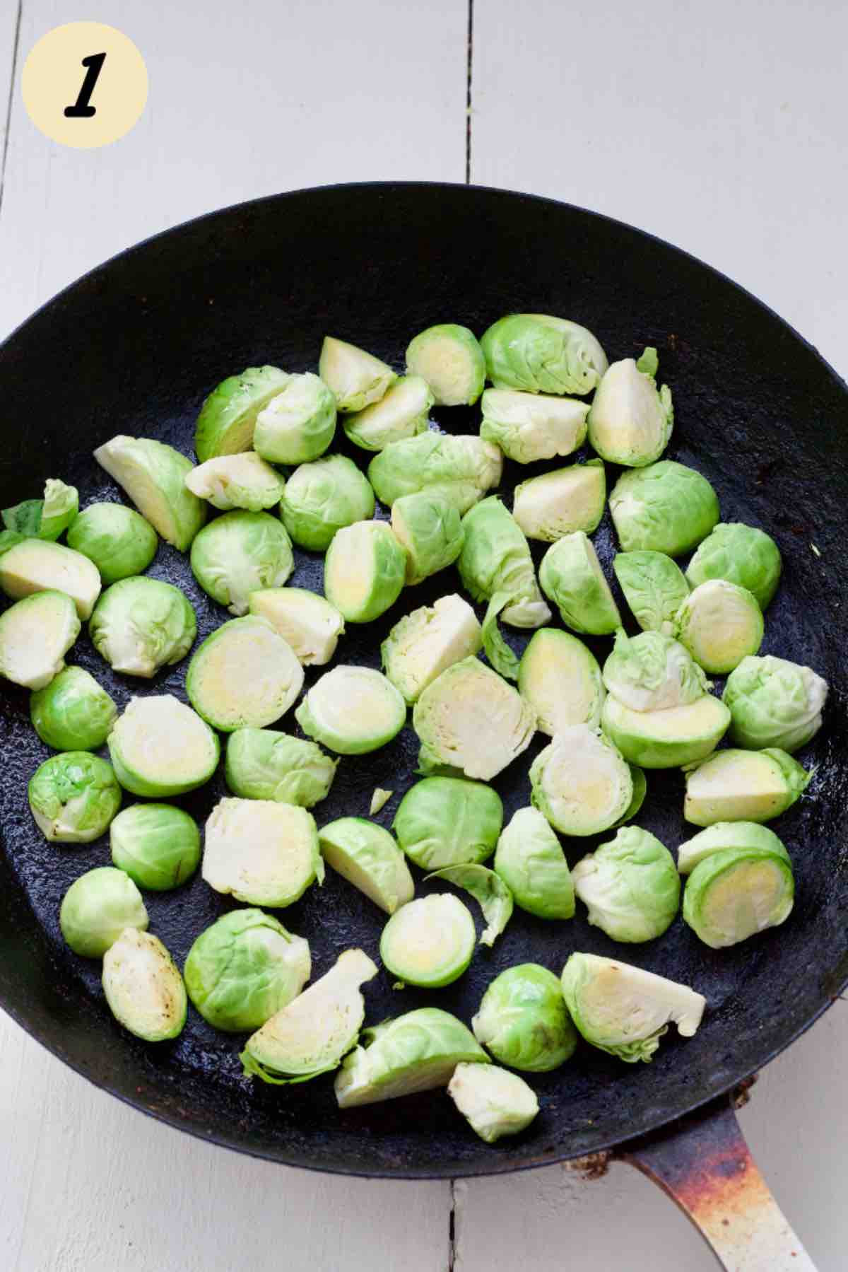 Pan frying Brussels sprouts.