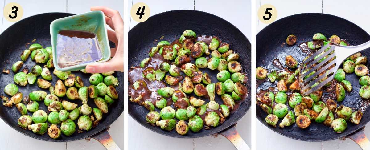 Pouring glaze over pan fried Brussels sprouts.