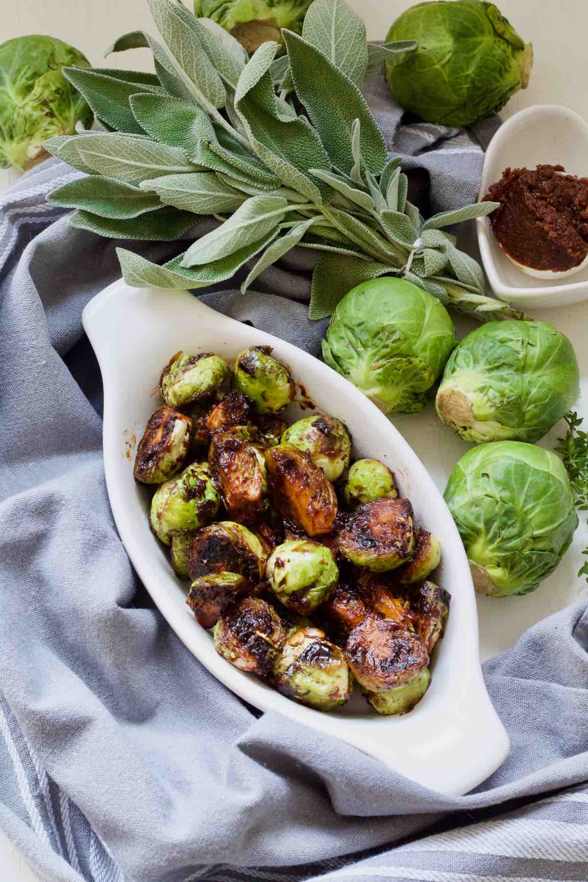 Top view of Asian Brussels sprouts in a dish.