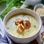 Bowl of broccoli stalk soup.