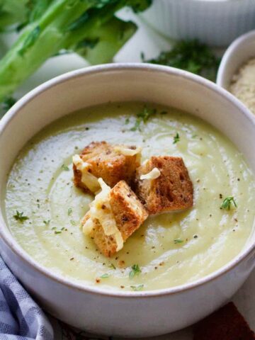 Bowl of broccoli stalk soup.