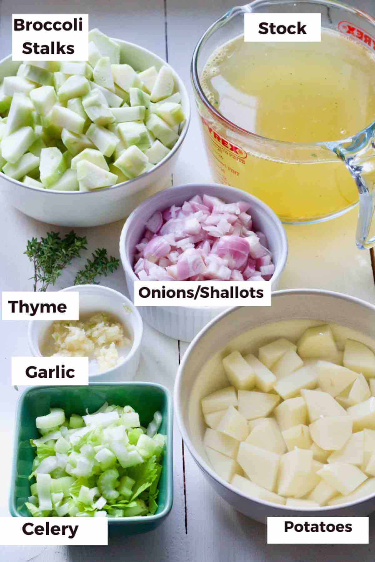 Ingredients for making broccoli stalk soup.