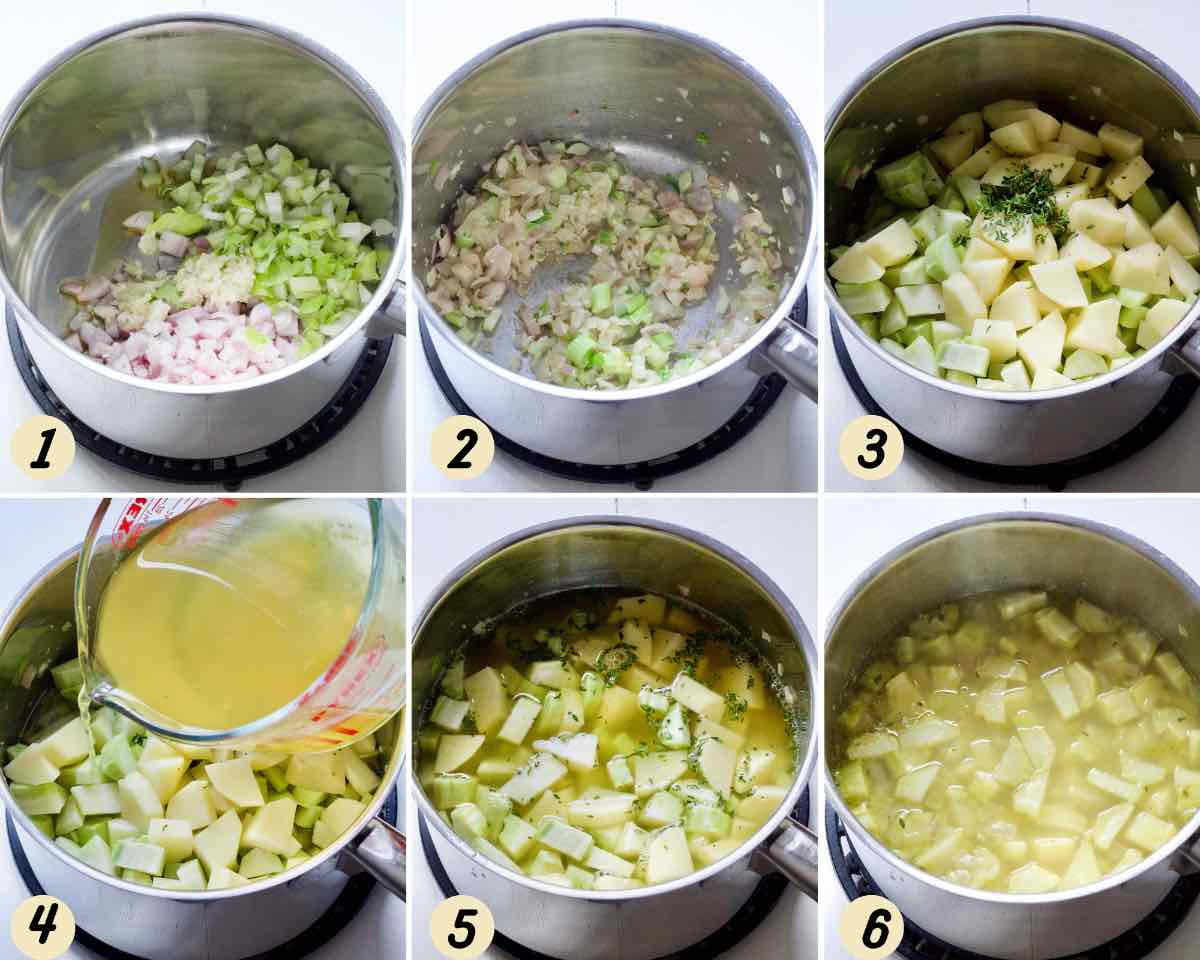 Process of making broccoli stalk soup.