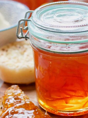 Close up of a jar of marmalade.