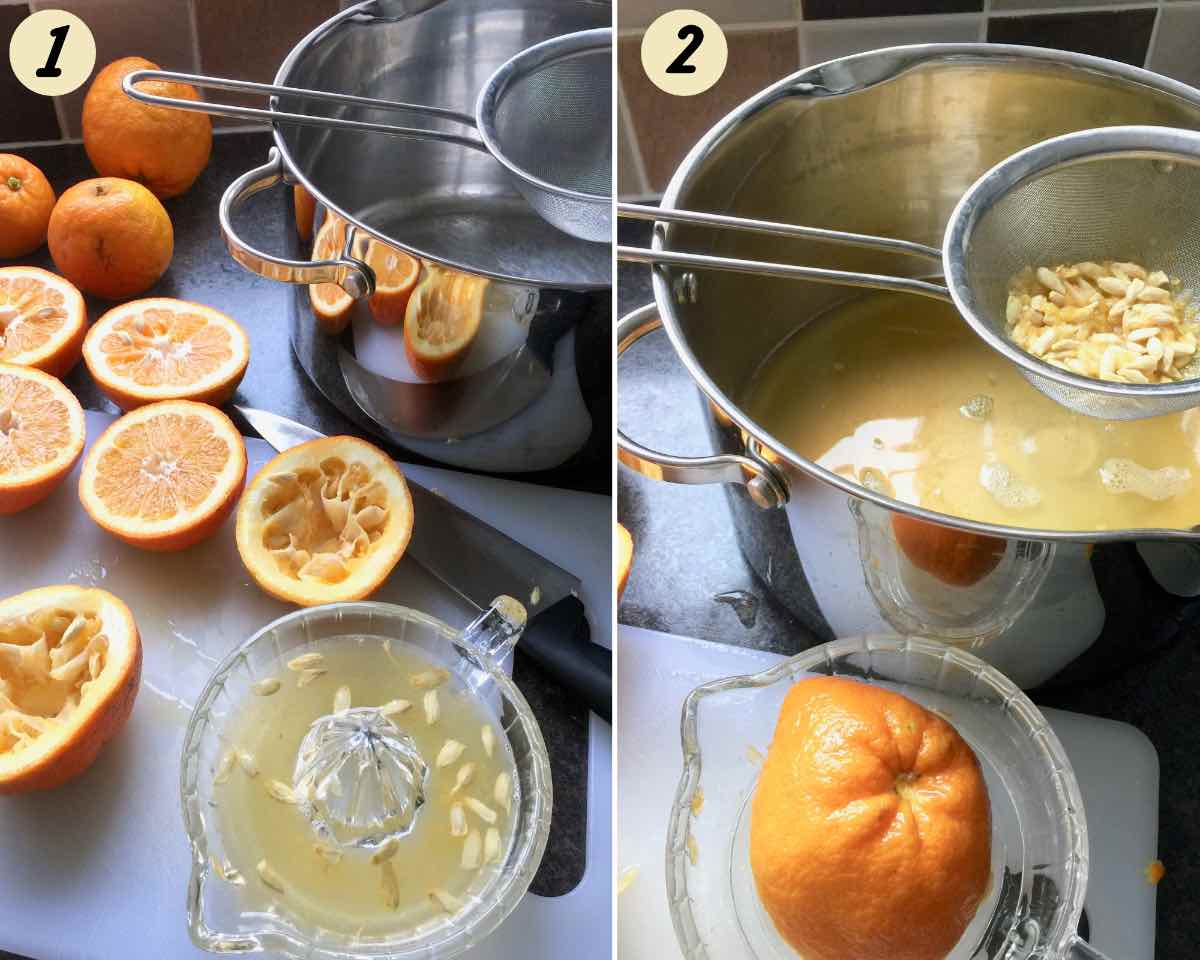 Juicing oranges and collecting pips in a sieve.