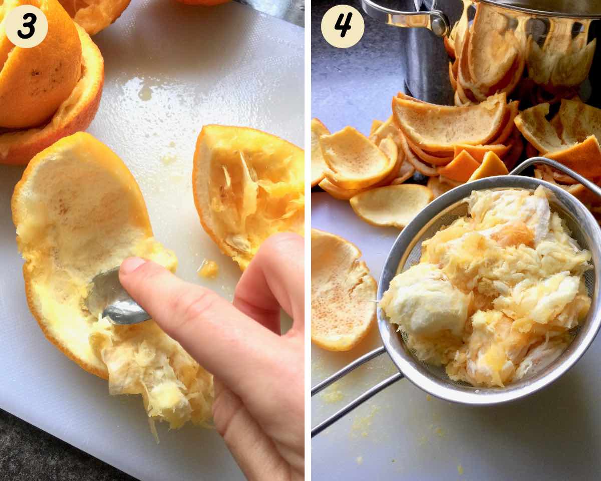 Scraping and collecting pith from the orange rind.