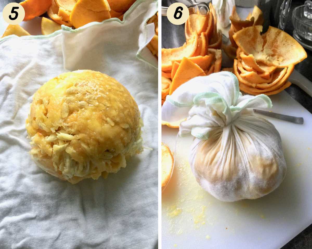 Making muslin cloth ball with orange pith & pips.