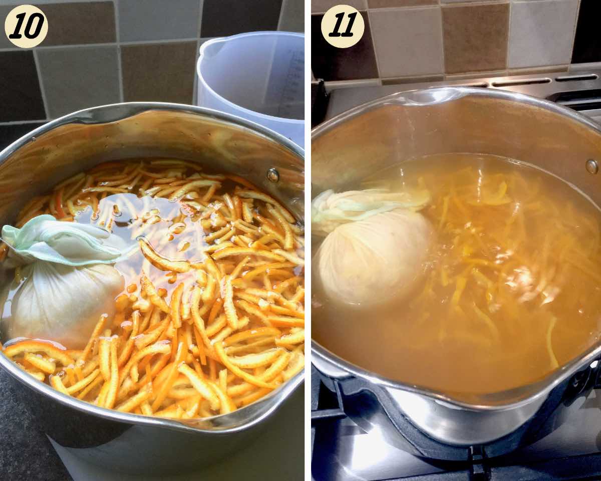 Pot with muslin bag & orange rind before and after simmering.