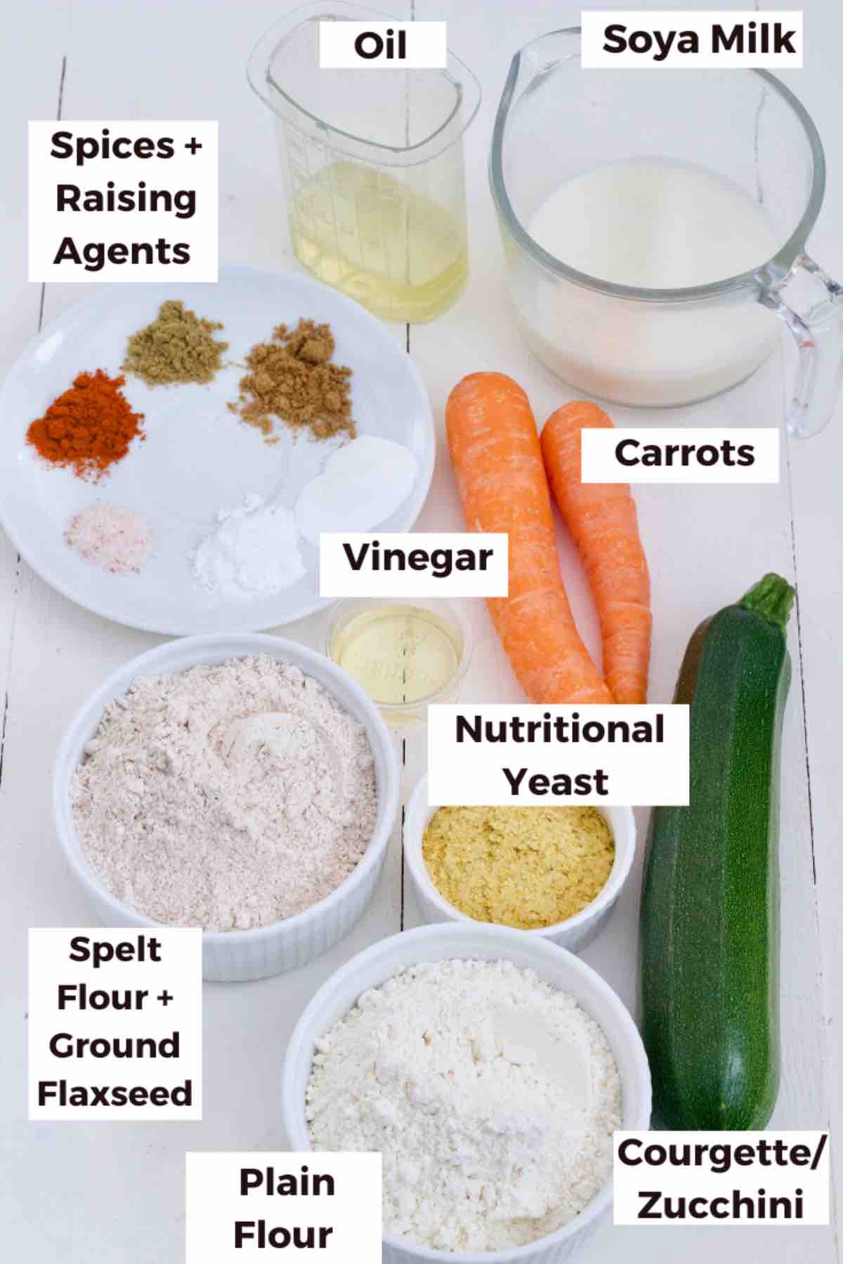 Ingredients for making savoury vegetable muffins.