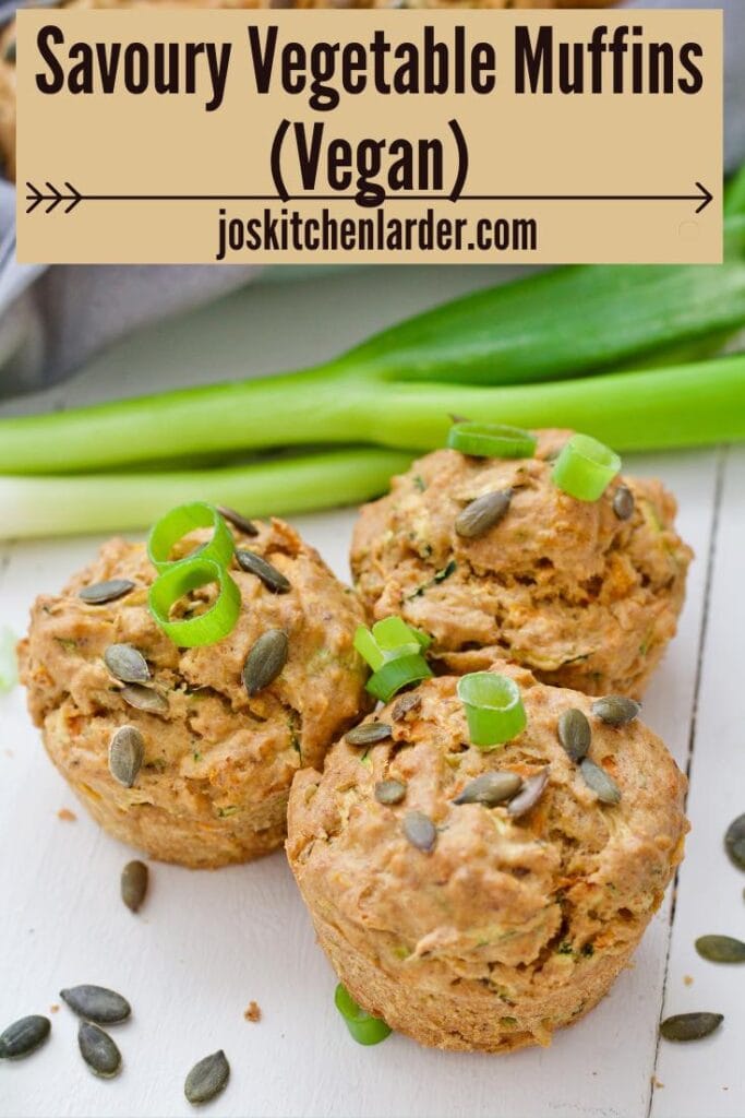 Three vegan savoury muffins and green onions.