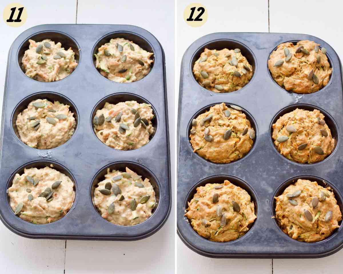 Muffins in tins before and after baking.