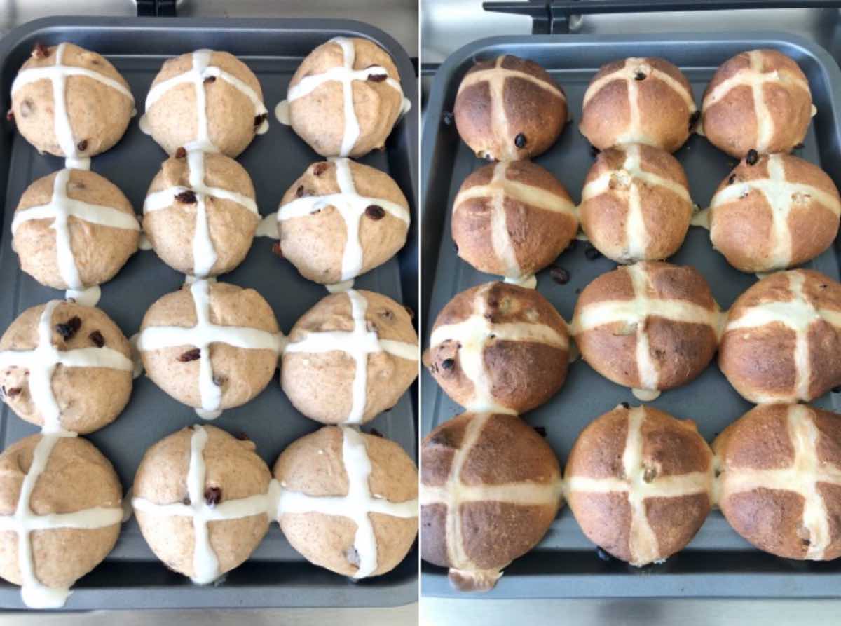 Buns with crosses before and after baking.