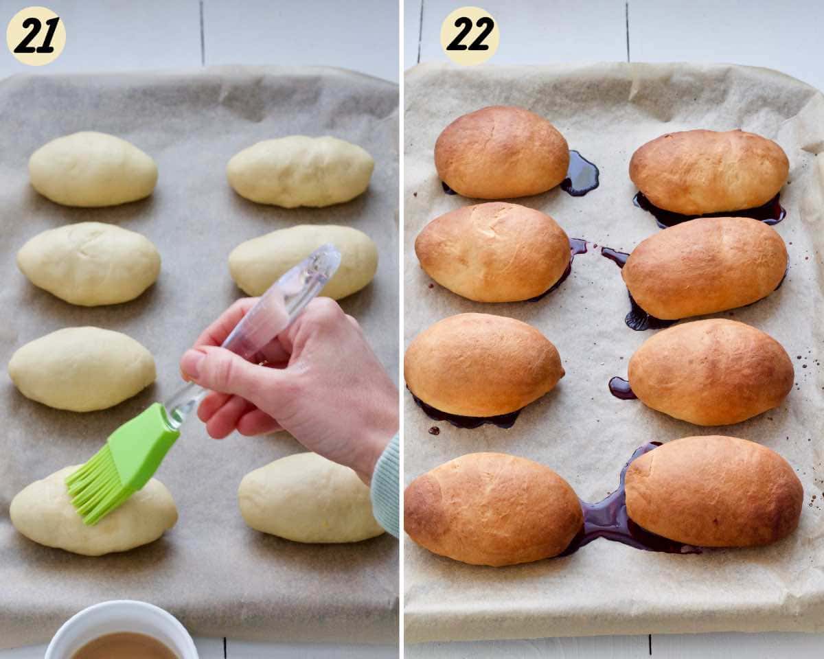 Jagodzianki before and after baking.