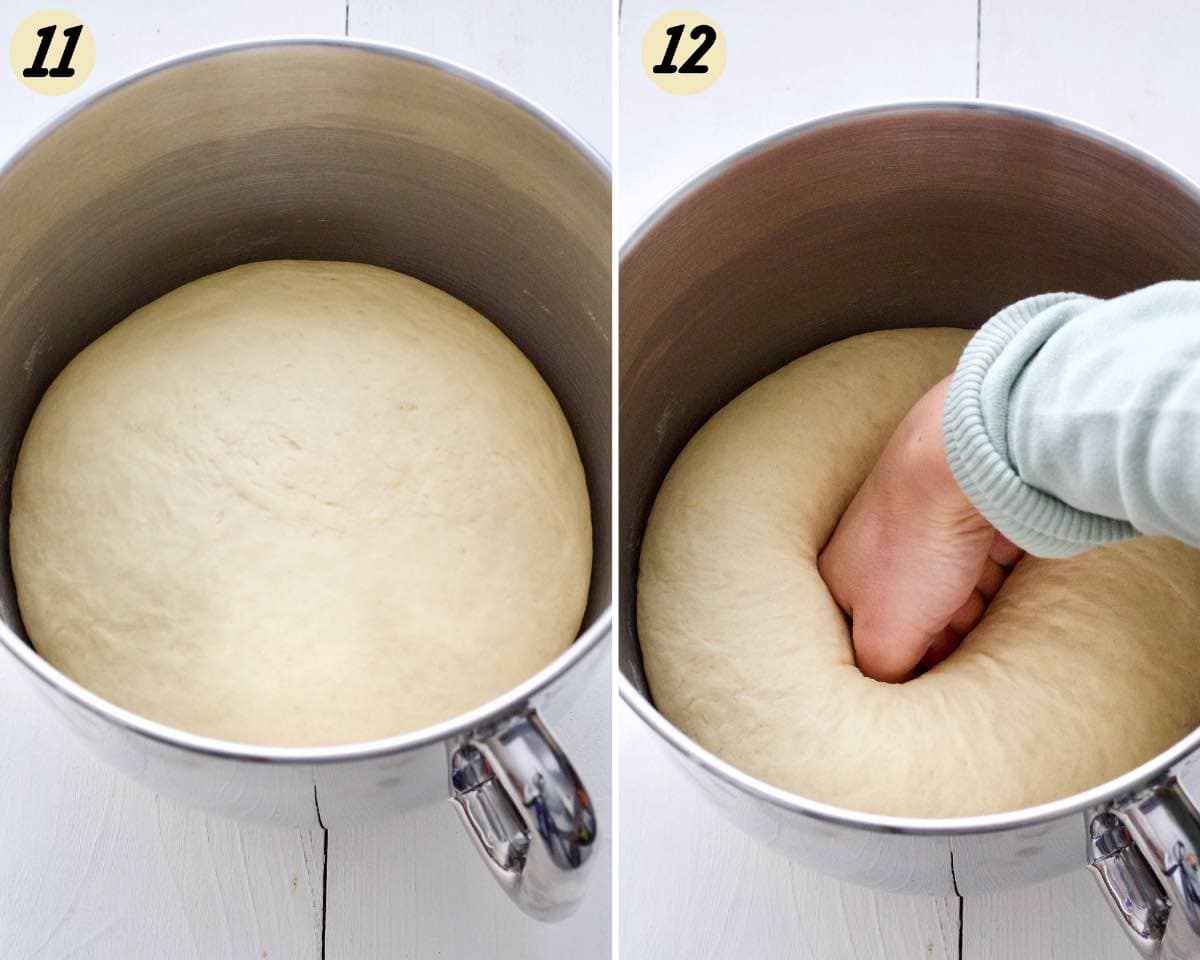 Hand deflating proofed dough.