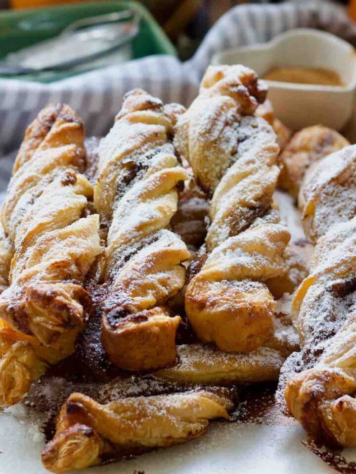 Close up of puff pastry cinnamon twists.