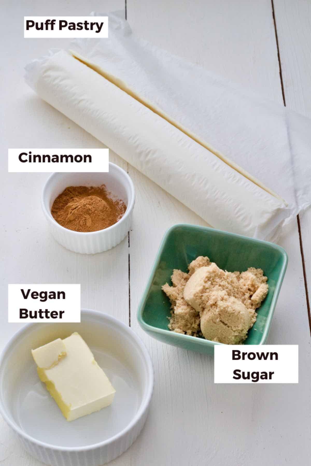 Ingredients to make puff pastry cinnamon twists.
