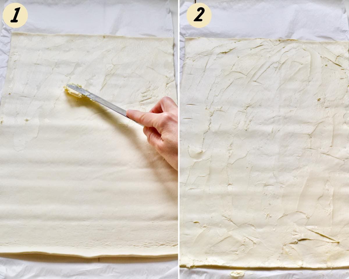 Butter being spread over puff pastry.