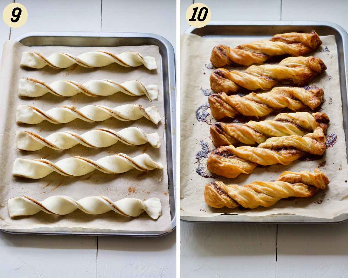 Cinnamon twists before and after baking.