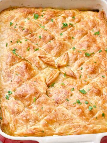 Close up of baked Quorn chicken pie in a dish.