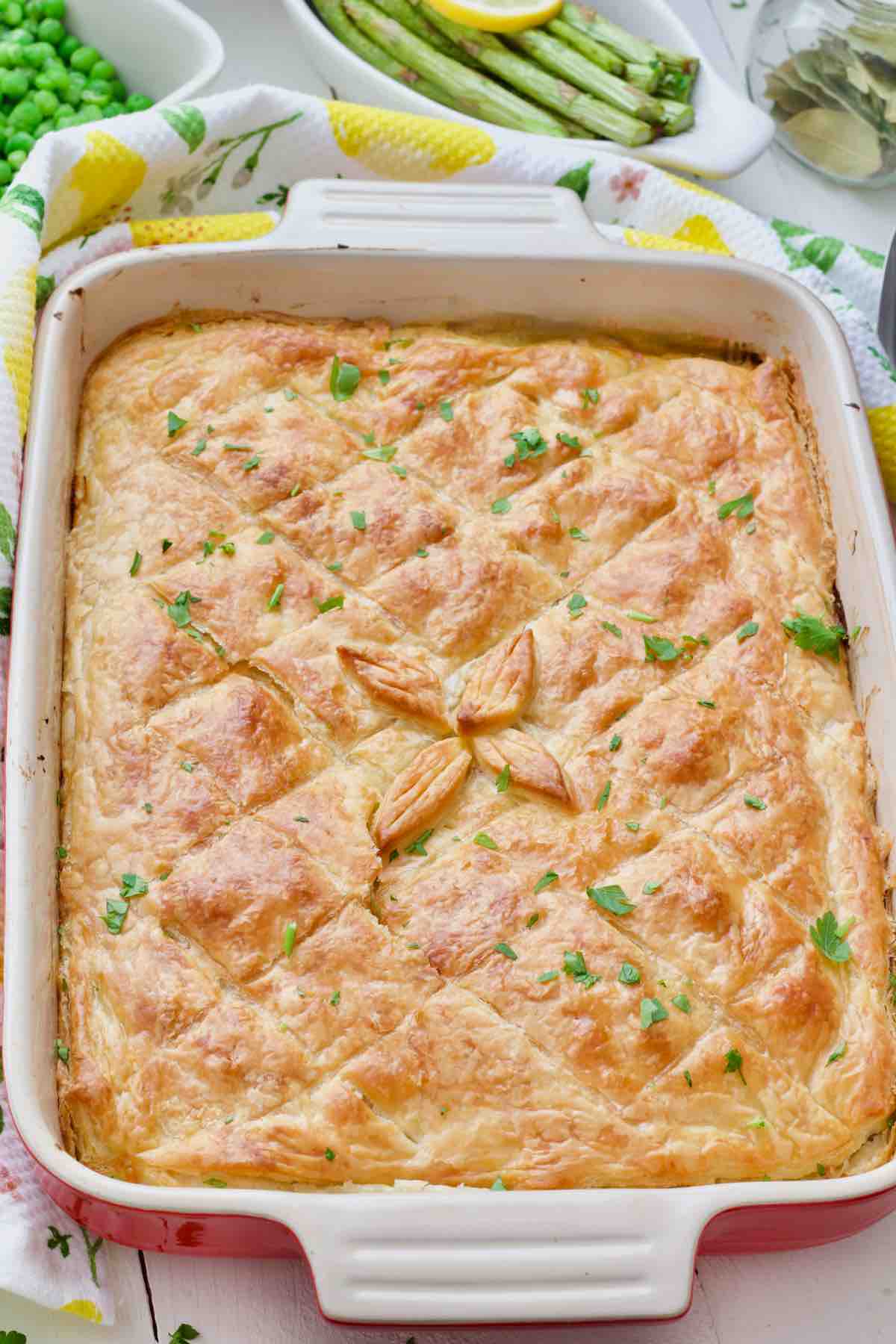 Baked Quorn chicken pie in a dish.