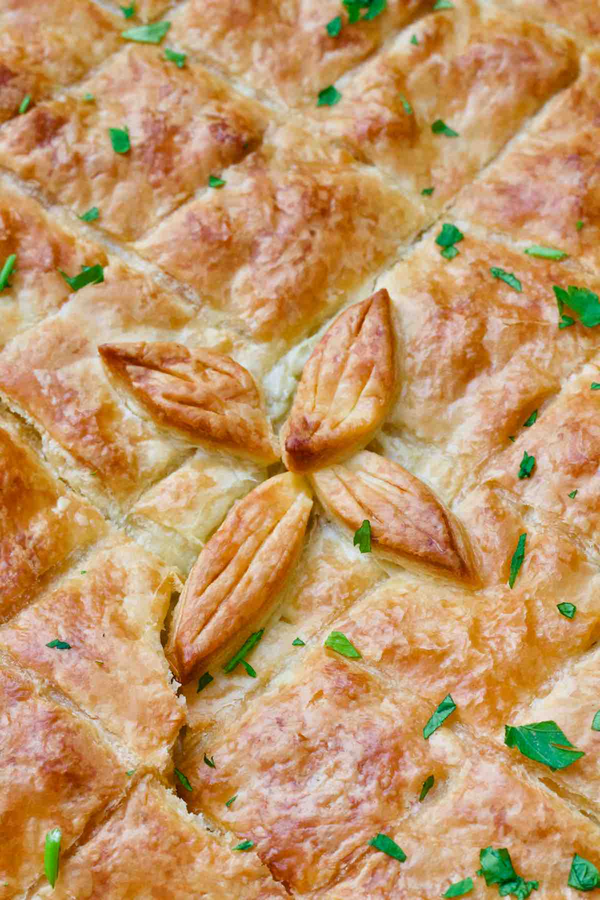Close up of puff pastry pie topping.