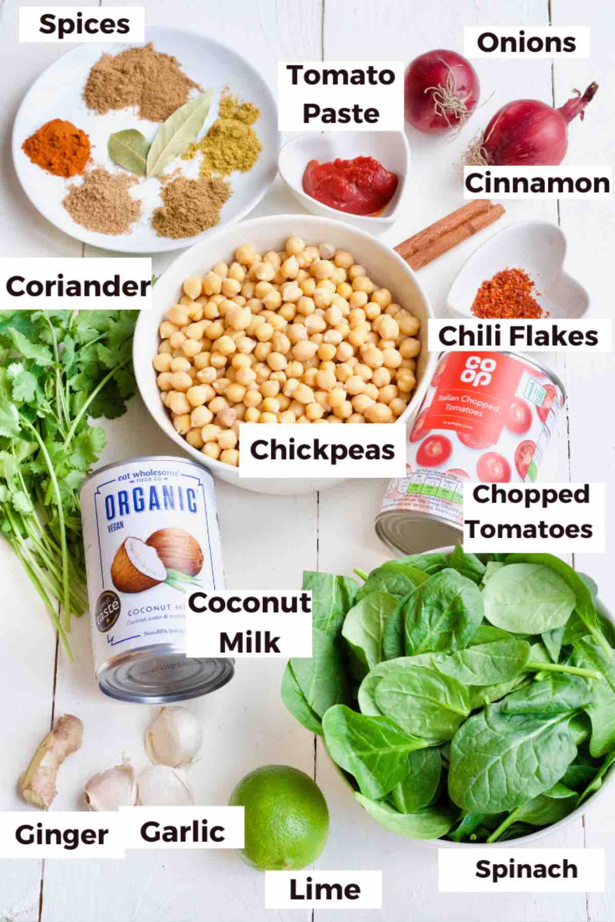 Ingredients for making chickpea and spinach curry.