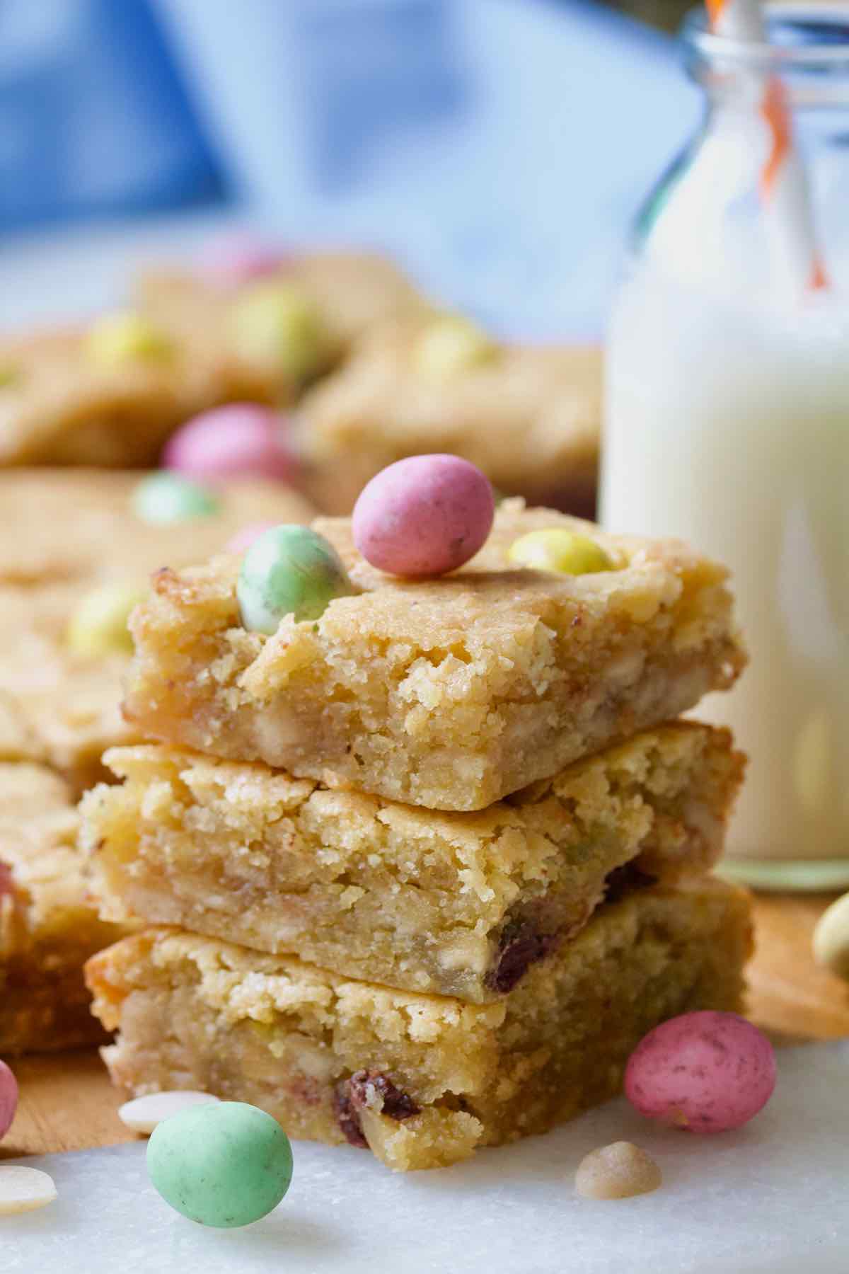 Stack of three blondies.