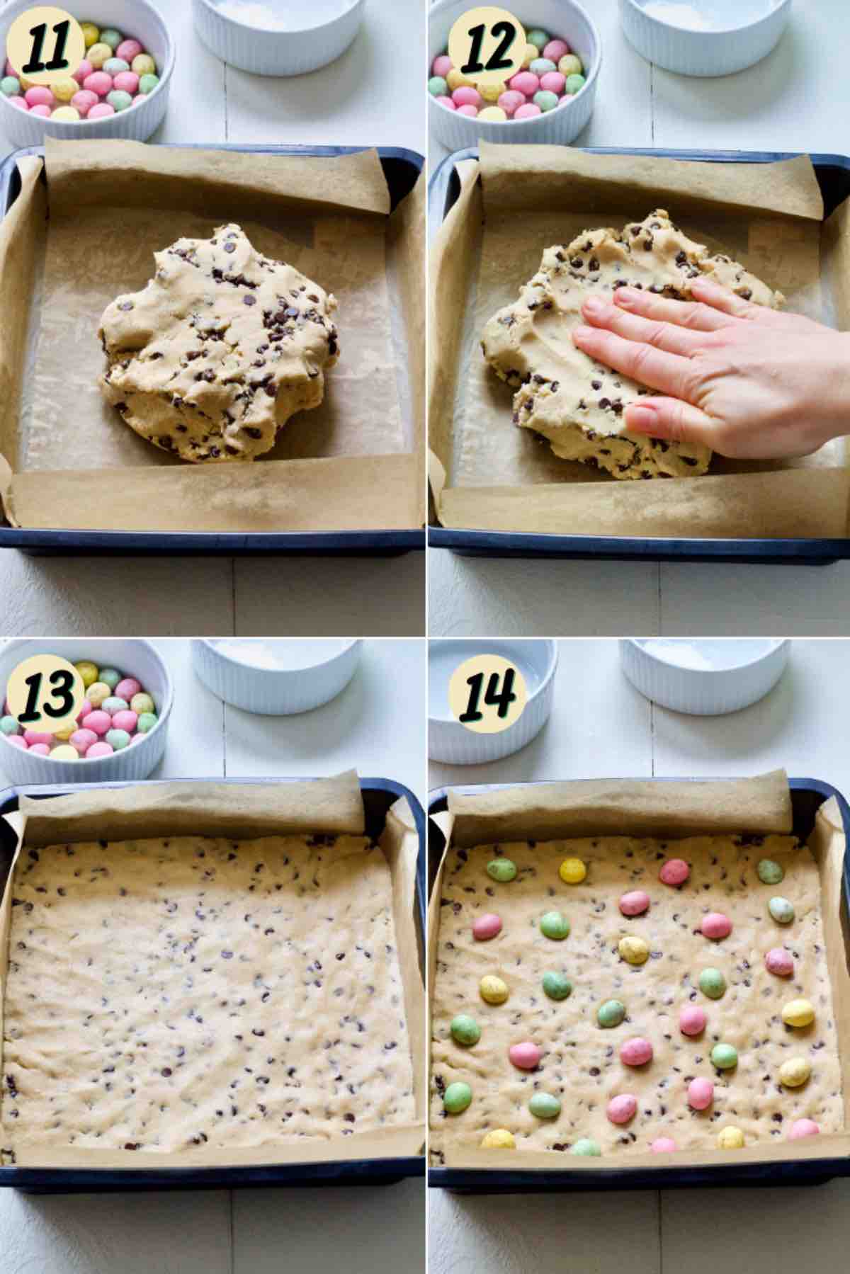 Pressing cookie dough into the tray and decorating with mini eggs.