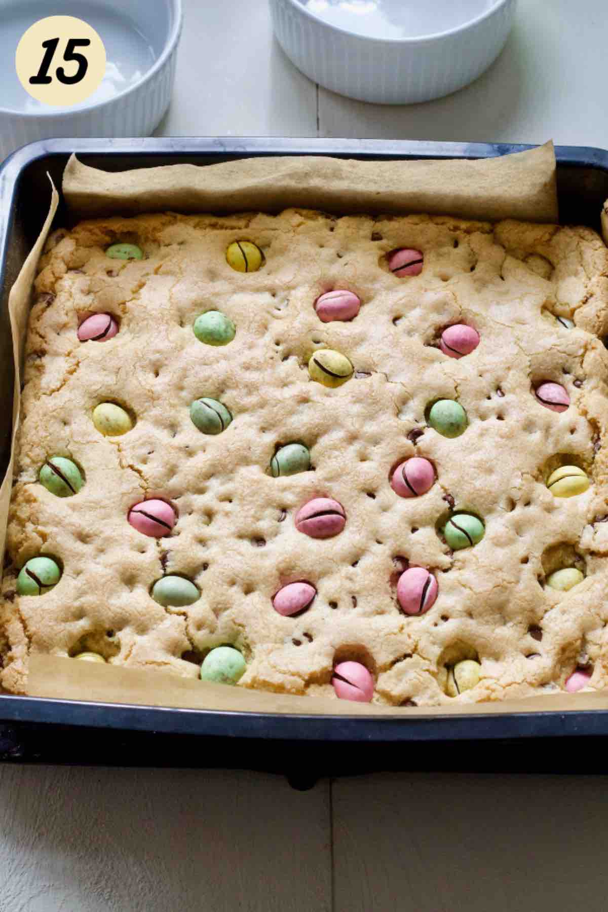 Tray with baked mini egg cookie bars.