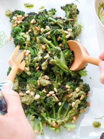 Serving purple sprouting broccoli.