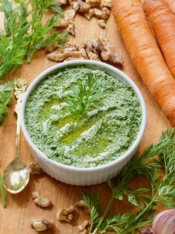 Close up of a bowl with pesto.