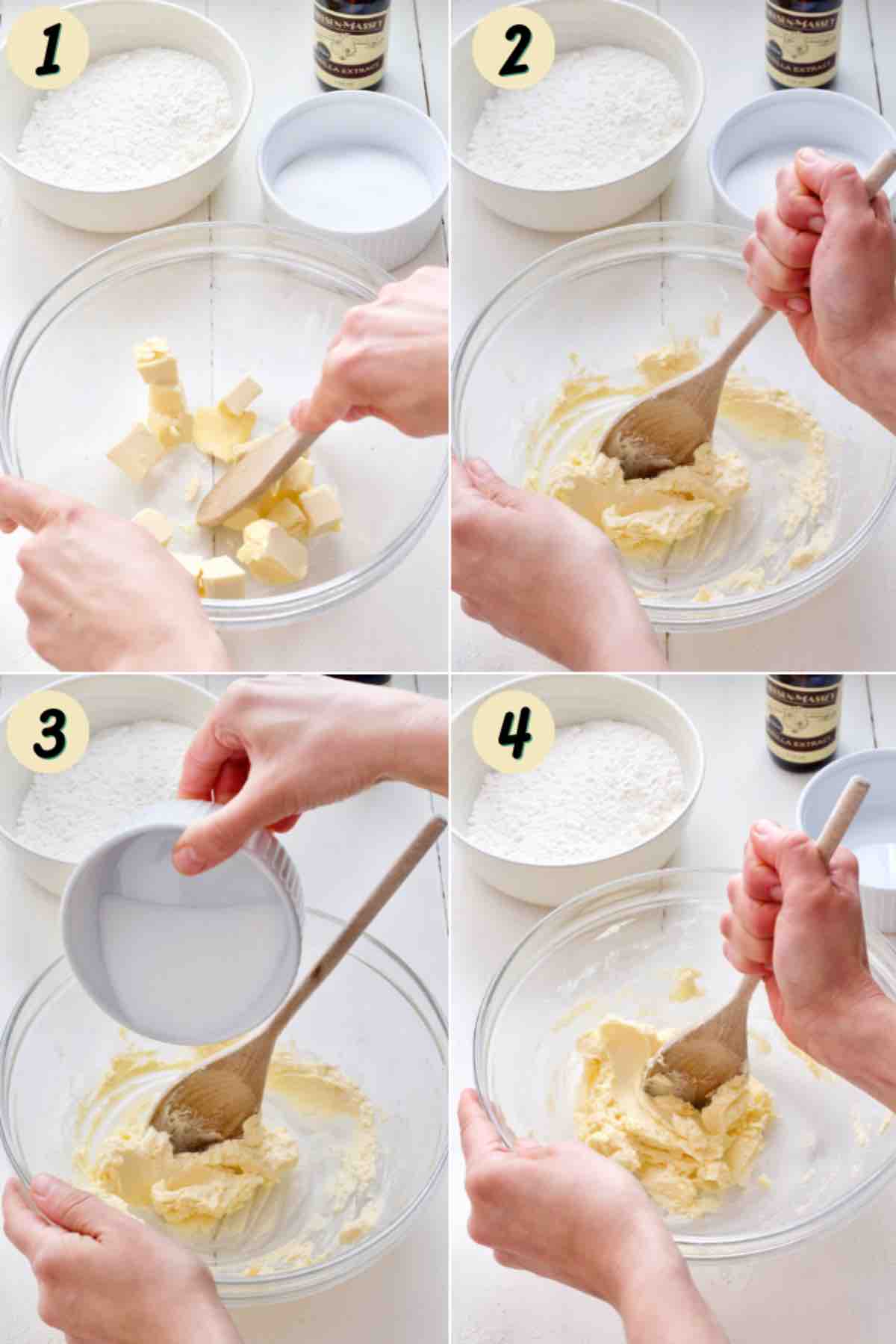 Creaming sugar and butter in a bowl using wooden spoon.