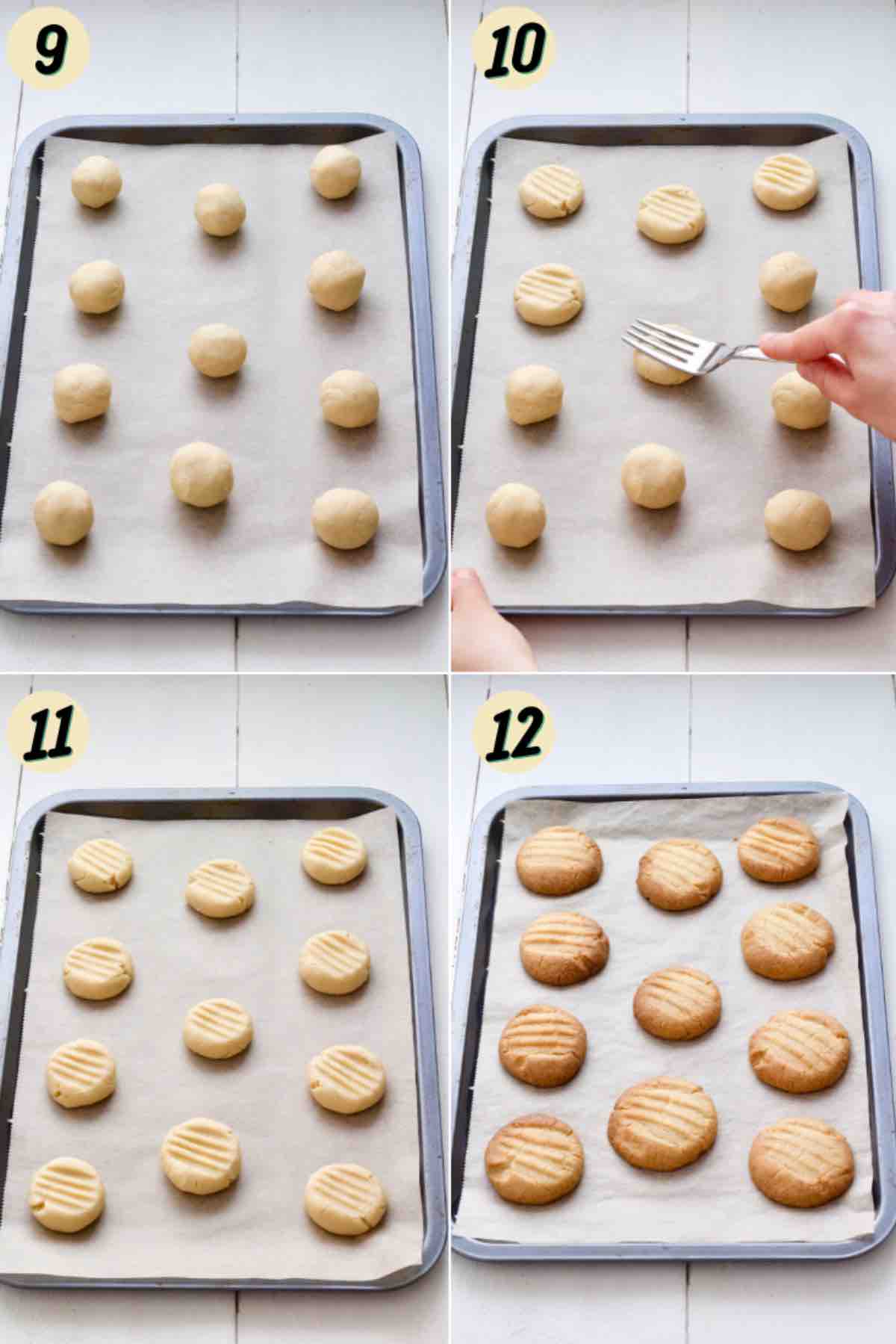 Making fork imprint on biscuits and biscuits before and after baking.