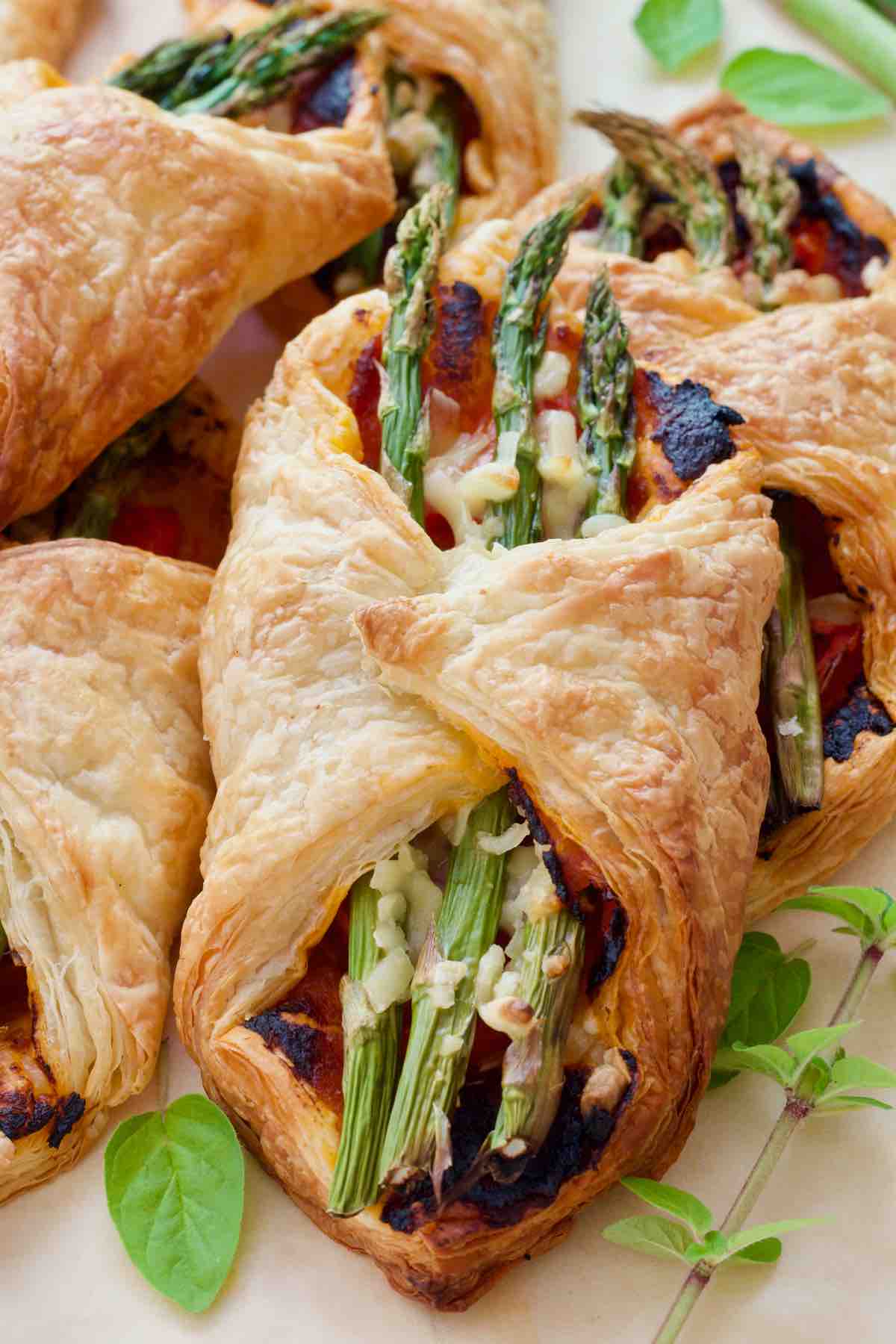 Asparagus puff pastry wrap close up.