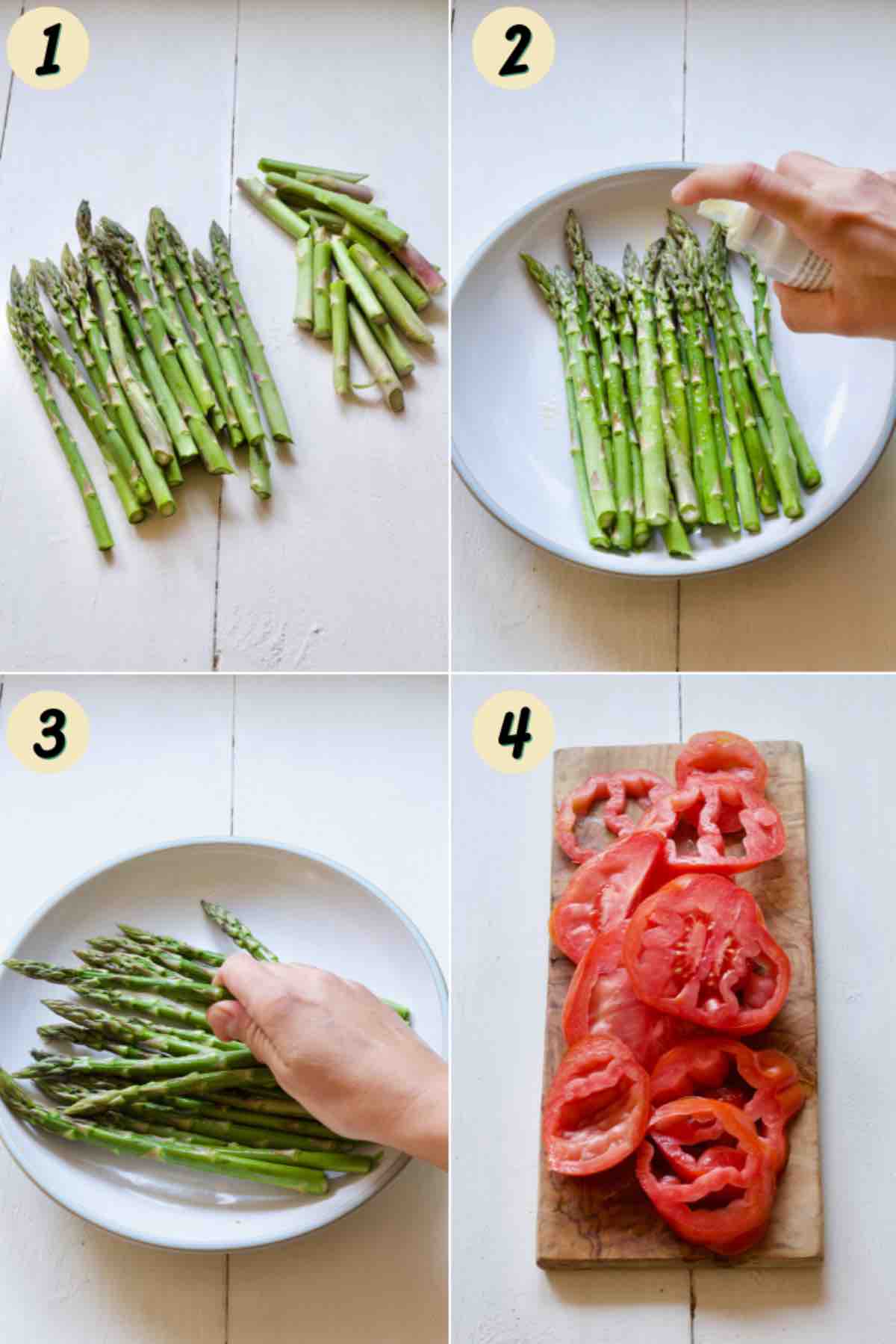 Preparing asparagus and tomatoes.