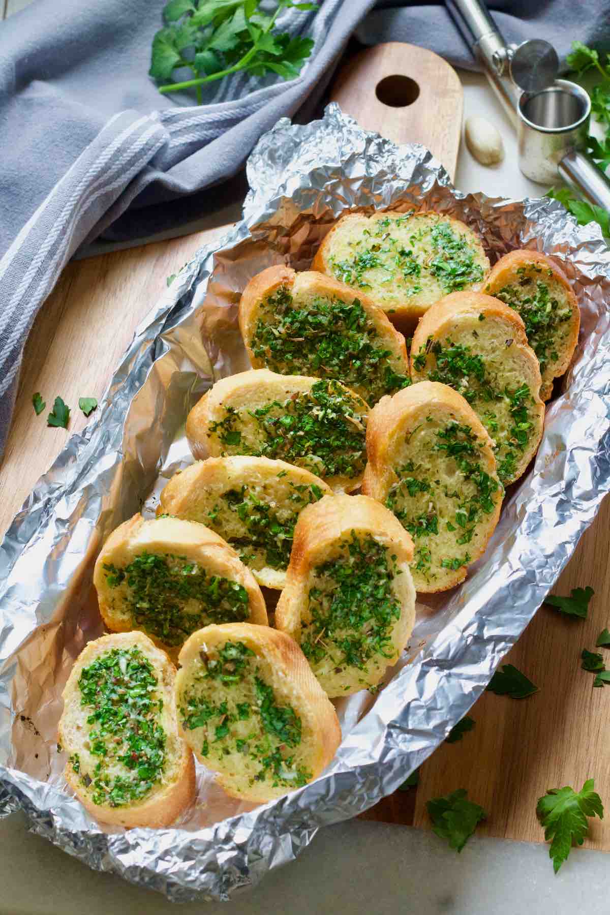 Vegan garlic bread slices after baking.