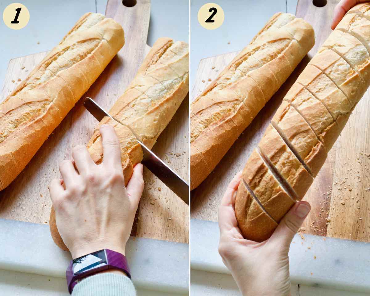 Slicing baguettes ¾ way down.