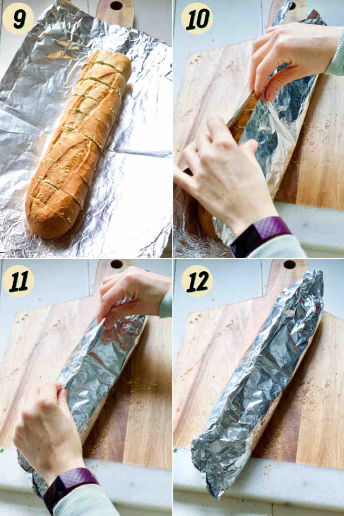 Wrapping bread in aluminium foil.
