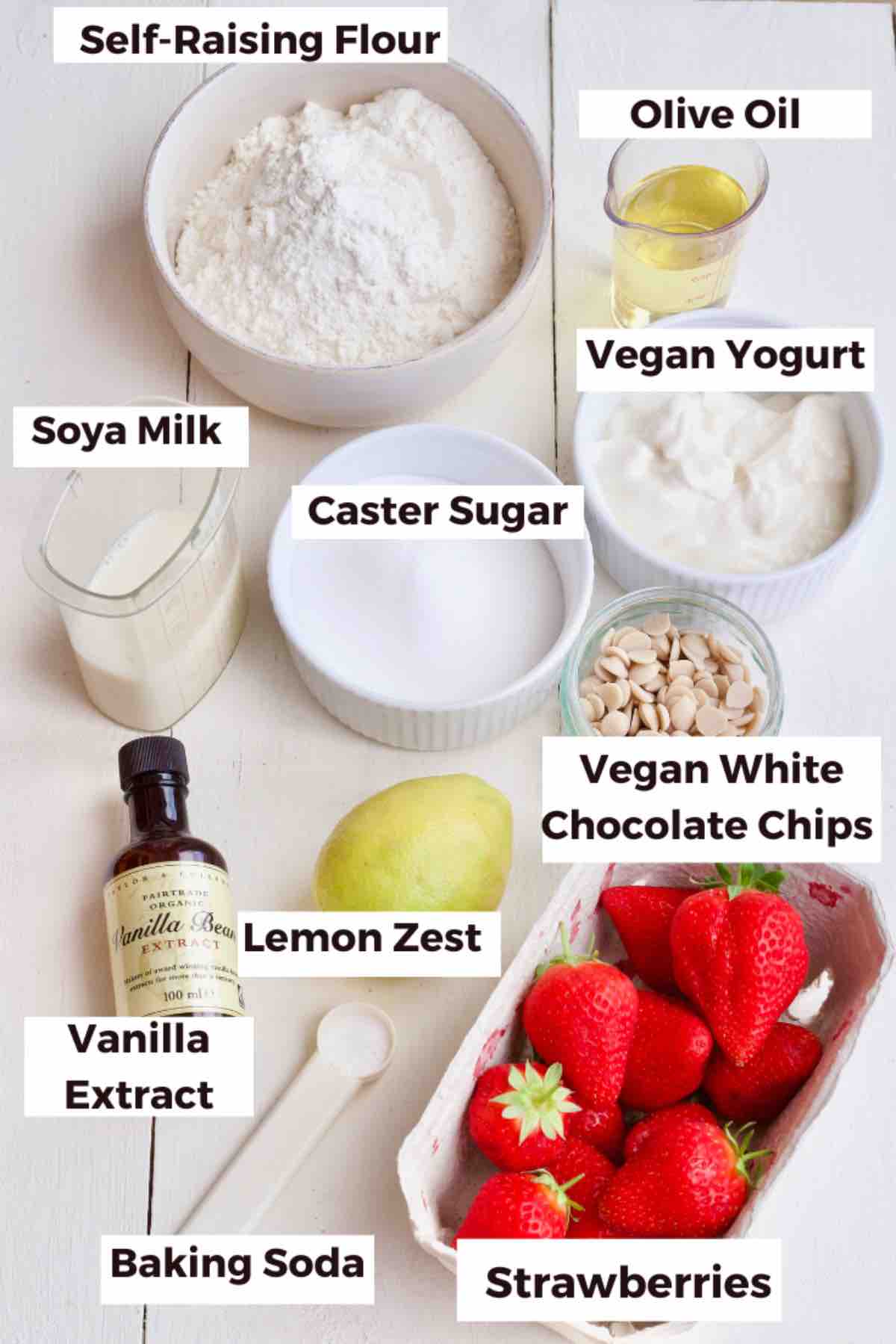 Ingredients for making vegan strawberry muffins.