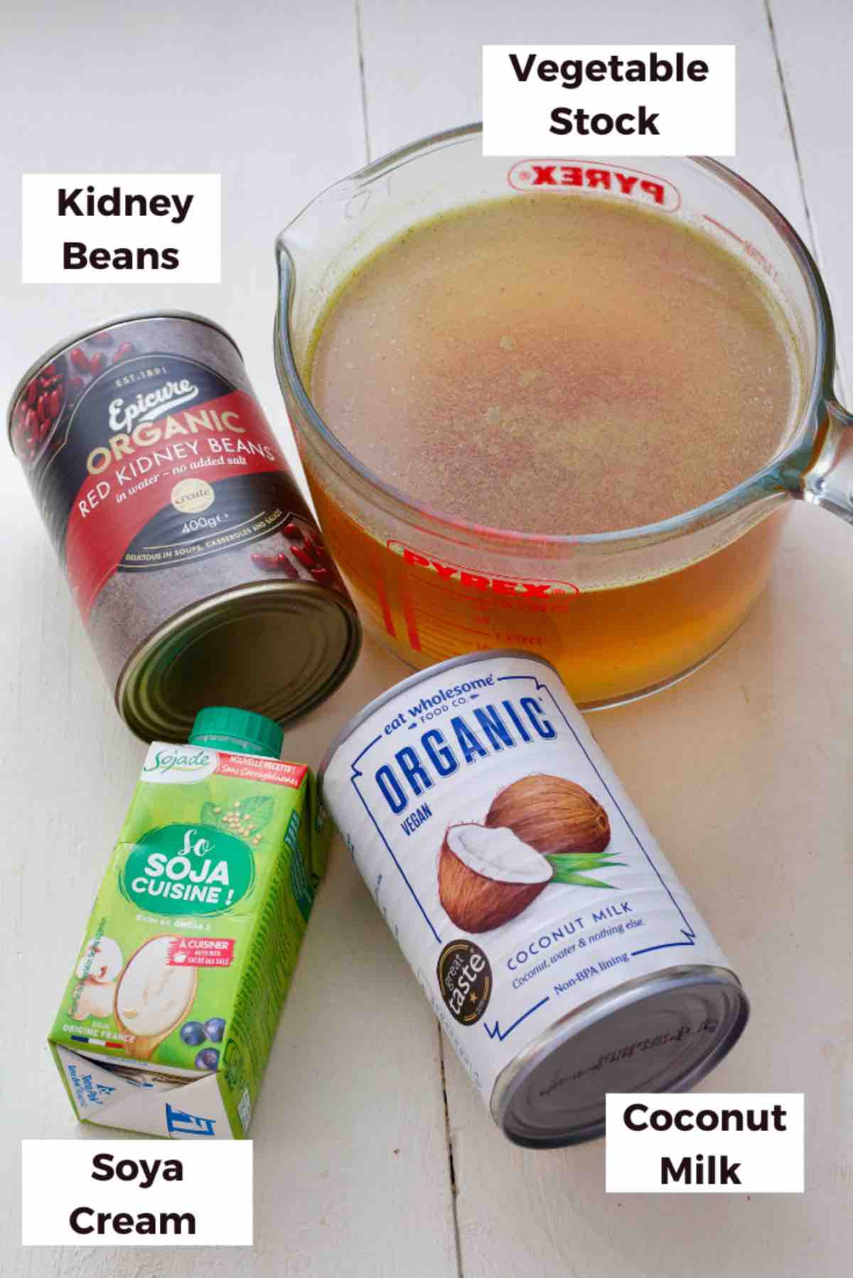 More ingredients for the soup - stock, beans, soya cream and coconut milk.