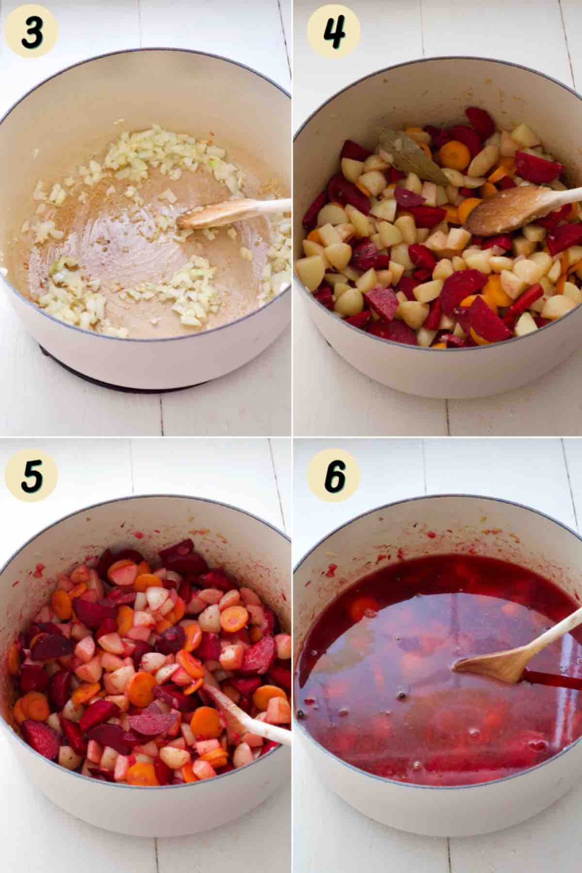 Frying vegetables and boiling them in stock.