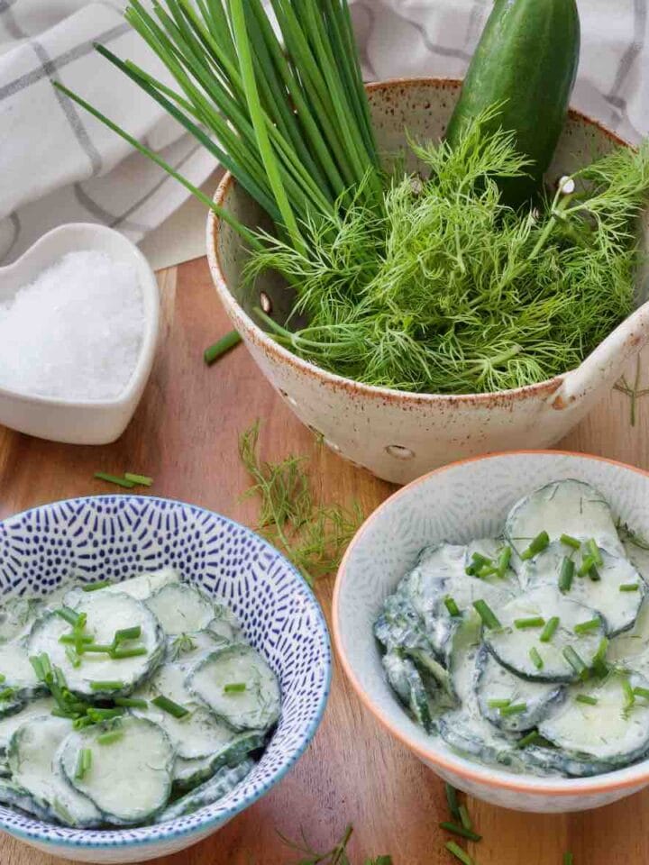 Two dishes with mizeria, close up.