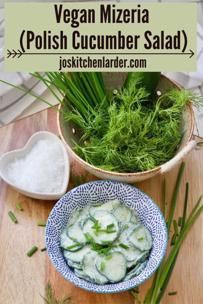 Mizeria, dish with sea salt and colander with herbs and cucumber.