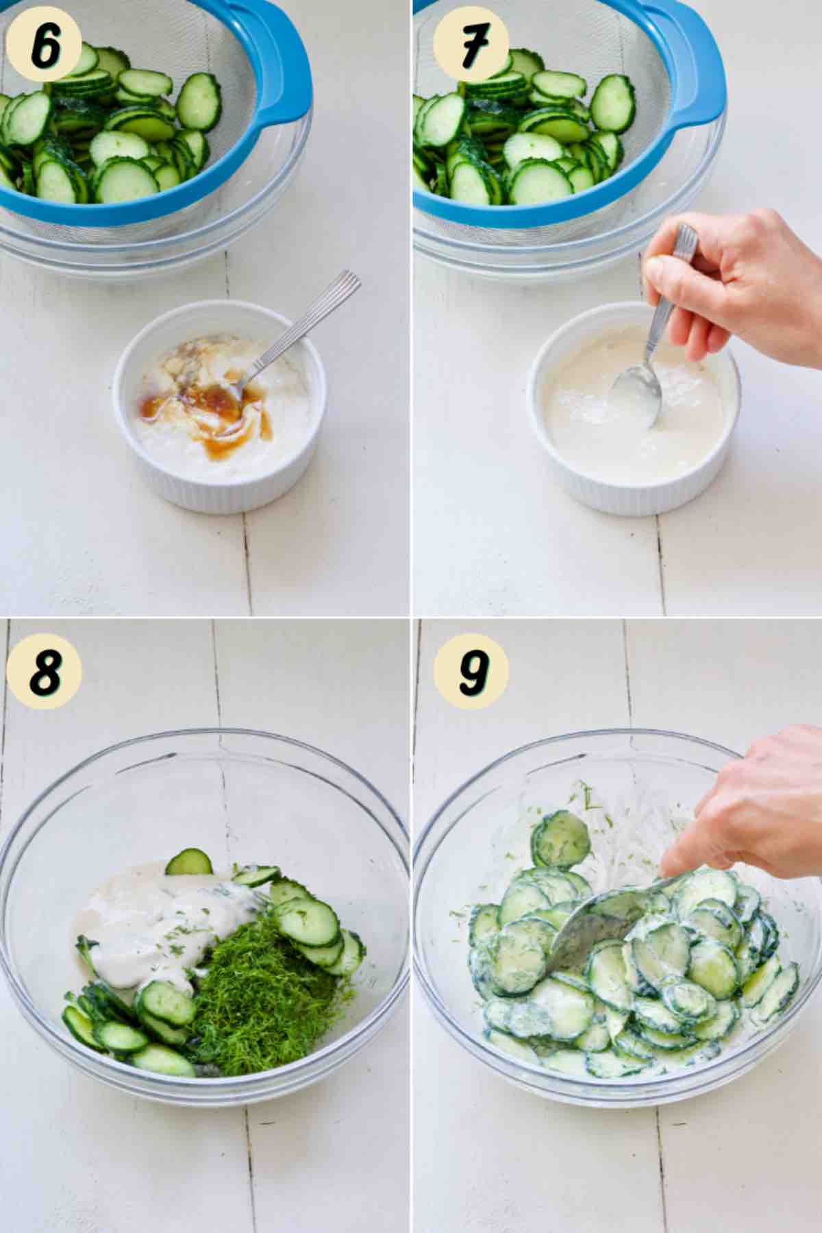 Mixing dressing and adding to cucumbers with dill.